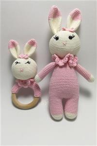 Doğan Bebe Pembe Amigurumi Sevimli Tavşan Ve Çıngıraklı Diş Kaşıyıcı -