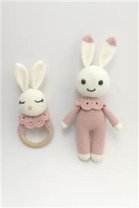 Doğan Bebe Amigurumi Sevimli Tavşan Ve Çıngıraklı Diş Kaşıyıcı - Gül Kurusu