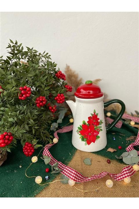Handmadesign Kapaklı El Yapımı Seramik Sürahi - Yılbaşı Temalı Atatürk Çiçekli Kırmızı