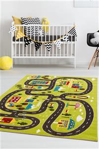 Eliz Home Yeşil Araba Yolu Trafik Yolu Desenli Modern Makina Dokuma Erkek Çocuk Odası Halısı
