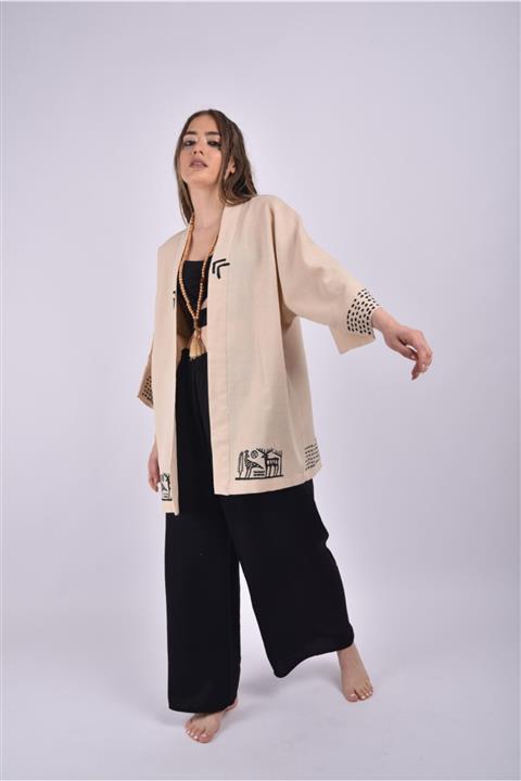 Castamono Kadın El Işi Tahta Baskı Geyik Desenli Kimono