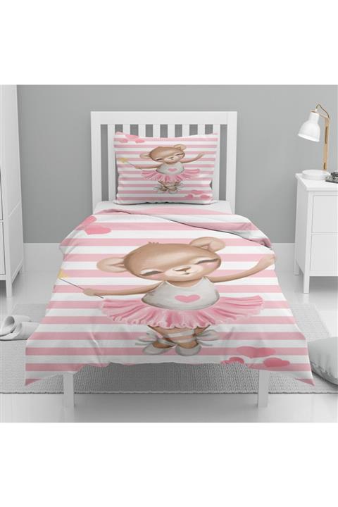 Else Halı Else Pembe Beyaz Çizgili Balerin Ayılı Desenli Tek Kişilik Çocuk Nevresim Takımı