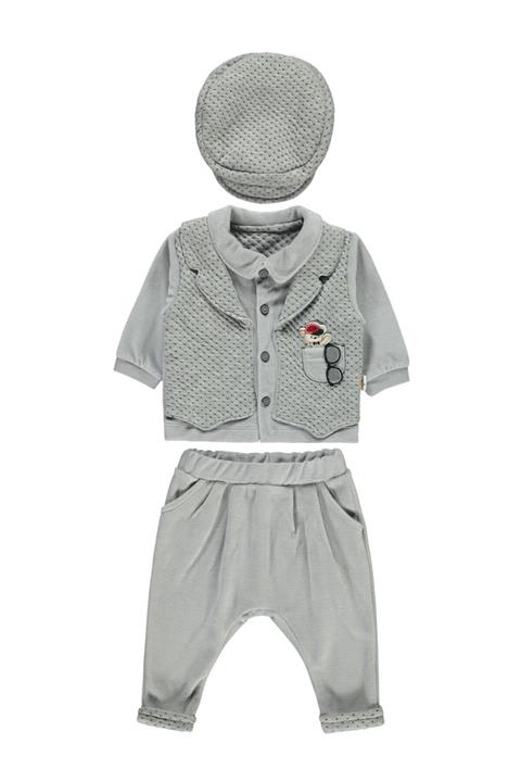 Minidamla Erkek Bebek Şapkalı Takım 3-9 Ay Gri