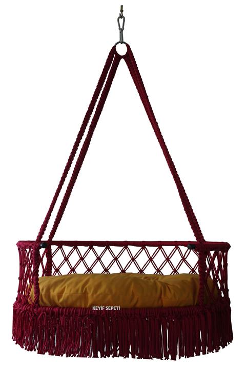 KEYİF SEPETİ Püsküllü 80'lik Kırmızı Sarı Minderli Davul Salıncak