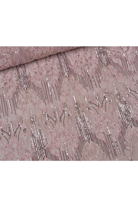 Kumaş Fırsatı File Üzeri Pul Payet Işlemeli Abiyelik Kumaş - Pudra