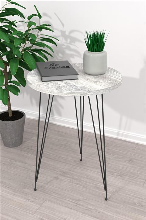 Pratico Gri Mermer Desenli Yan Sehpa Metal Ayaklı