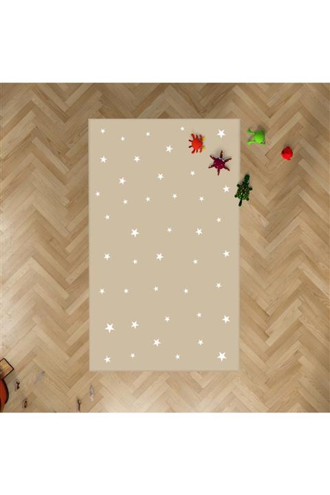 HalıVagonu Hv374 Beyaz Yıldızlı Toprak Rengi Çocuk Odası Halısı