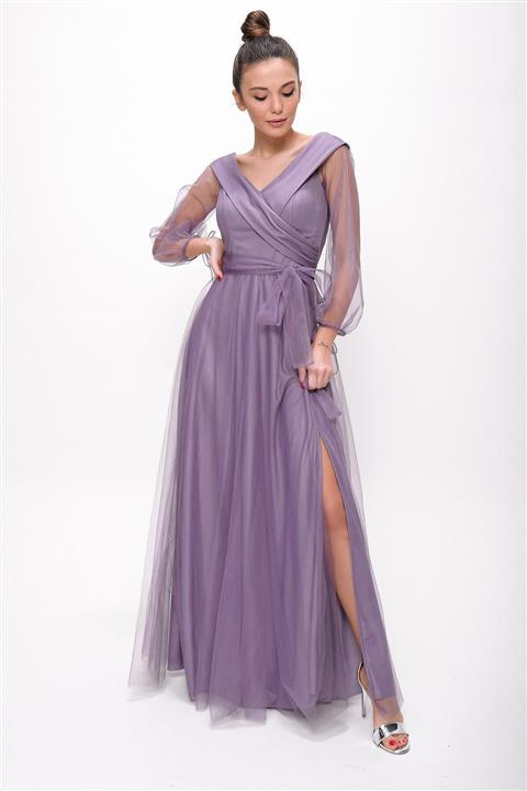 By Saygı Kadın Lila Bağcıklı Balon Kol Tül Uzun Abiye Elbise