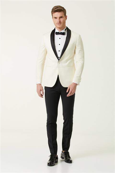 Network Erkek Slim Fit Siyah Beyaz Yün Smokin Takım 1078609