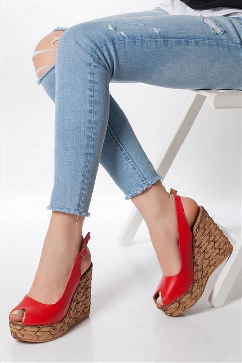 Modagon Bristol Hakiki Deri Kadın Sandalet Kirmizi 9cmtkyz