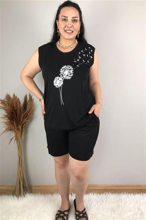 tarzimsuper Kadın Büyük Beden Hindiba Baskılı Kolsuz Siyah Şortlu Pijama Takımı