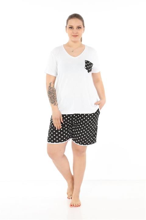 tarzimsuper Kadın Büyük Beden Puantiyeli Beyaz Şortlu Pijama Takımı