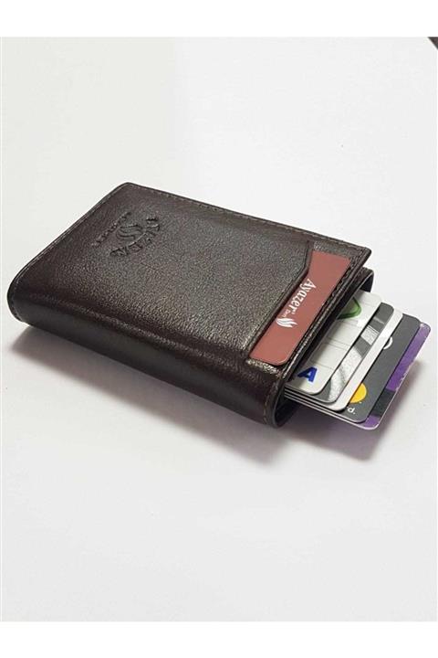 ayazer Hakiki Deri Mekanızmalı Erkek Cüzdan Kartlık Cıtlı Kahverenk