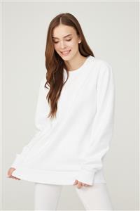 BO Basics Kadın Beyaz Oversize Sweatshirt Şardonlu