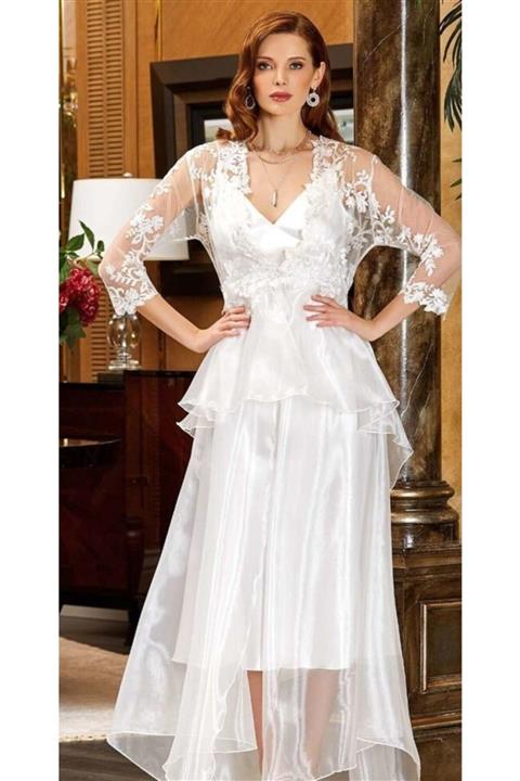 Nil İç Giyim Nil Beyaz Dantel Detay Saten 6'lı Sabahlık Gecelik Pijama Çeyiz Takım