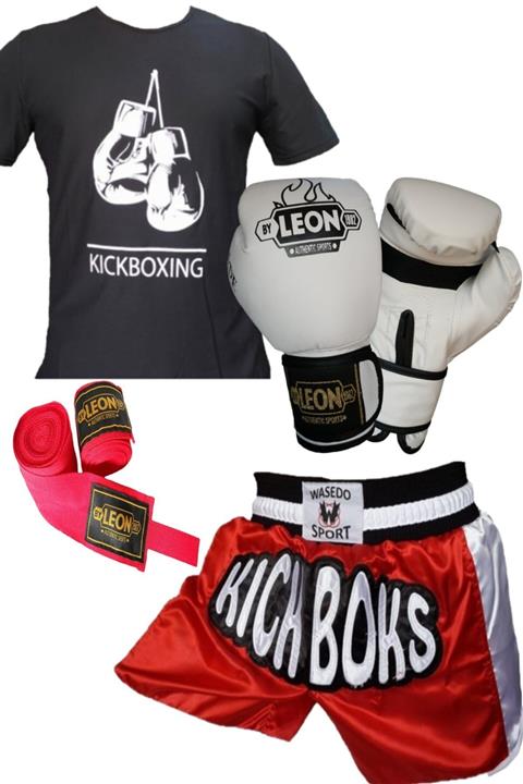 By Leon 1982 Unisex Siyah Beyaz Kırmızı Kickboks Boks Thai Eldiveni Tişört Şort 3,5 metre Bandaj Seti