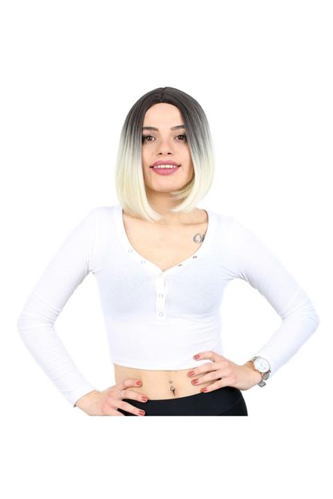 Peruk Market Küllü Siyah Platin Ombreli Kahkülsüz Düz Kısa Fiber Sentetik Peruk