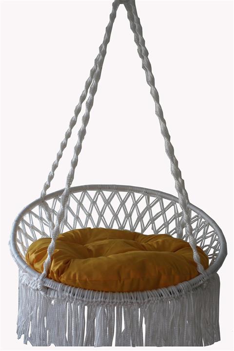 KEYİF SEPETİ Püsküllü Relaks Salıncak Beyaz Sarı Minderli