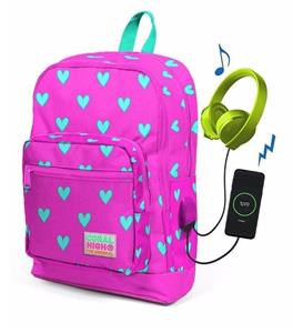 Coral High Kids Pembe Kalp Desenli Usb Şarjlı Kulaklık Çıkışlı Okul Sırt Çantası 23277