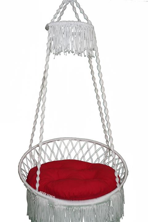 KEYİF SEPETİ Püsküllü Relaks Lüks Salıncak(beyaz) Kırmızı Minderli