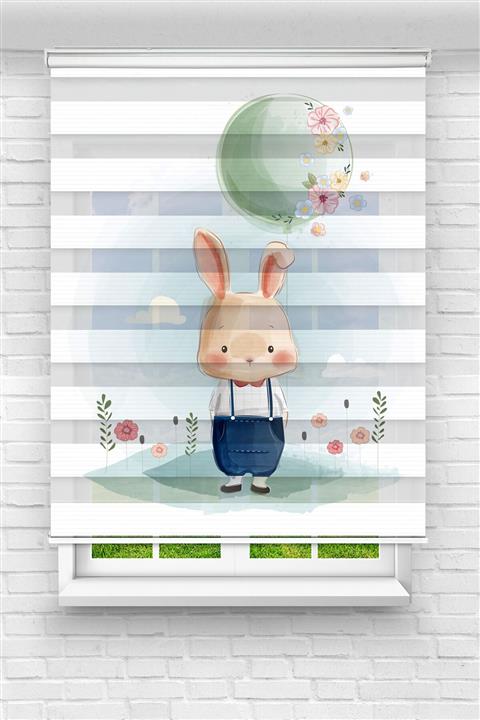 UYGUN PERDE DÜNYASI Balon Tutan Tavşan Baskılı Perde - Çocuk Odası Perdesi - Stor Zebra Perde