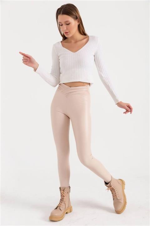 vesimu Ekru Drapeli Çapraz Bel Şardonlu Deri Tayt