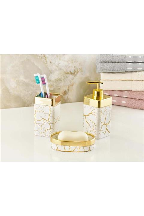 İmera Akrilik Yapım Altın Mermer Desen Beyaz Kare Sıvı Katı Sabunluk Fırçalık 3'lü Banyo Seti