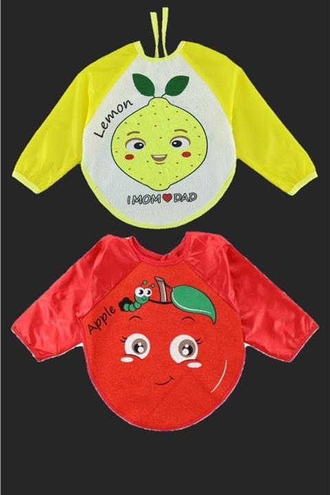 Elçi 2 Adet Limon Elma Kollu Su Geçirmez Alezli Lüx Mama Önlüğü