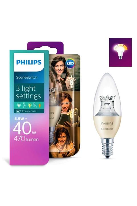232ELEKTRİK 232philips 5.5w-4w-2w = 40w 2700k-2500k-2led Mum Ampul/ E14 Duy /(tek Ampul = 3 Kademe)