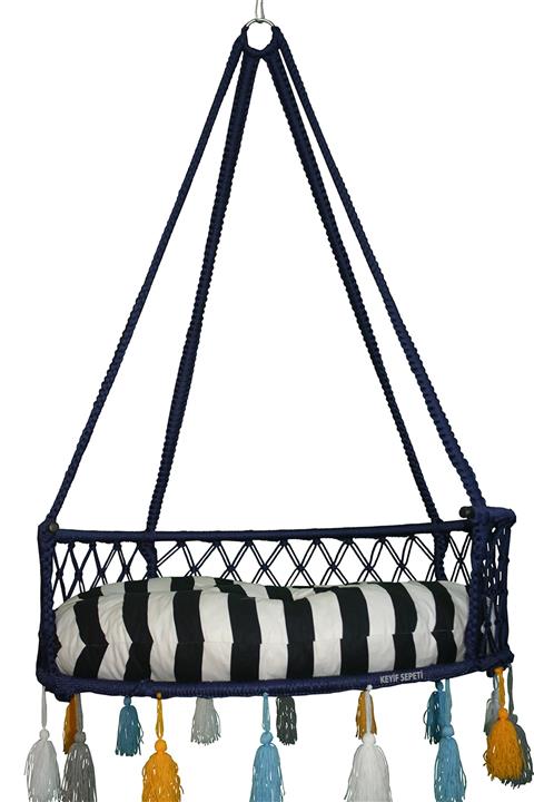 KEYİF SEPETİ Renkli Püsküllü 80'lik Lacivert Siyah Beyaz Minderli Davul Salıncak