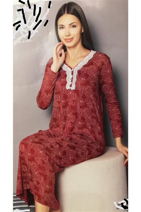 Lila Kadın Bordo Viscon Penye Uzun Kol Boydan Gecelik