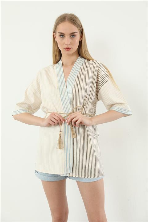 By ŞENCAN Çizgili Kimono Bej