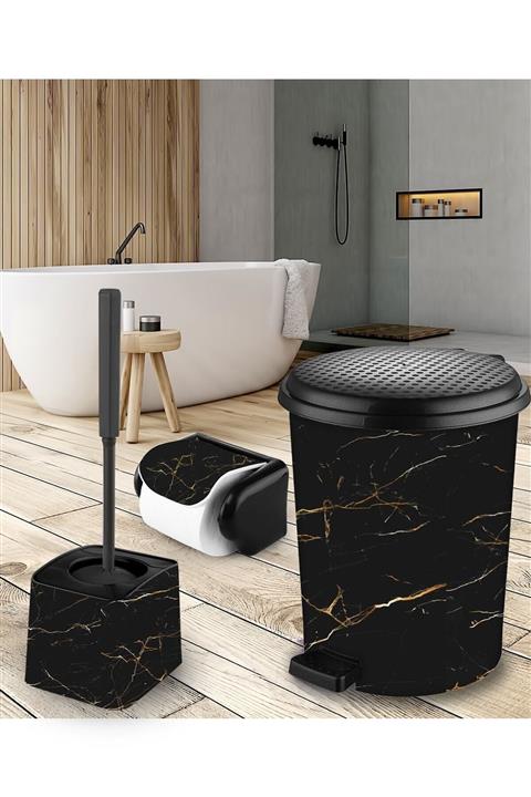 Elif Plastik Granit Desenli Banyo Seti (7 Lt Çöp Kovası+tuvalet Fırçası+tuvalet Kağıtlığı) 520