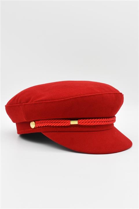 Külah Kadın Denizci Stili Gold Butonlu Kırmızı Kasket Şapka