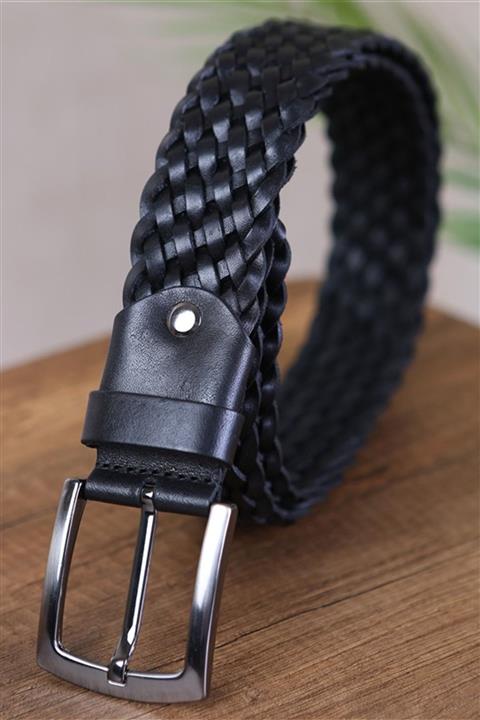 KASVA DERİ Erkek Siyah Deri Örgü Kemer 4 cm