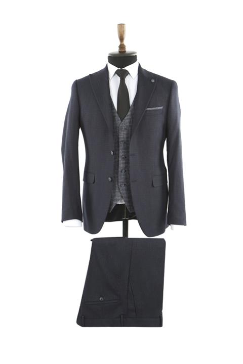 Jakamen Koyu Lacivert Slim Fit Sivri Yaka Erkek Yelekli Takım Elbise