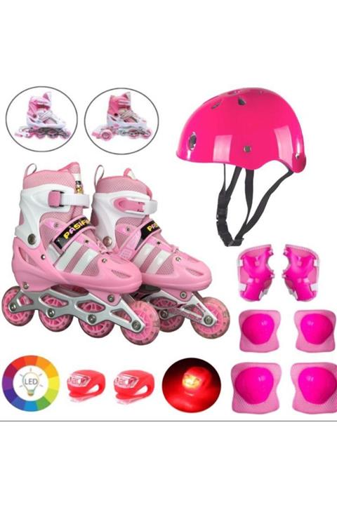 Depomiks Avm Pembe Işıklı Teker Ayarlanabilir Çocuk Alıştırma Paten 2 Fonksiyon + Çakarlı Kask Dizlik Set