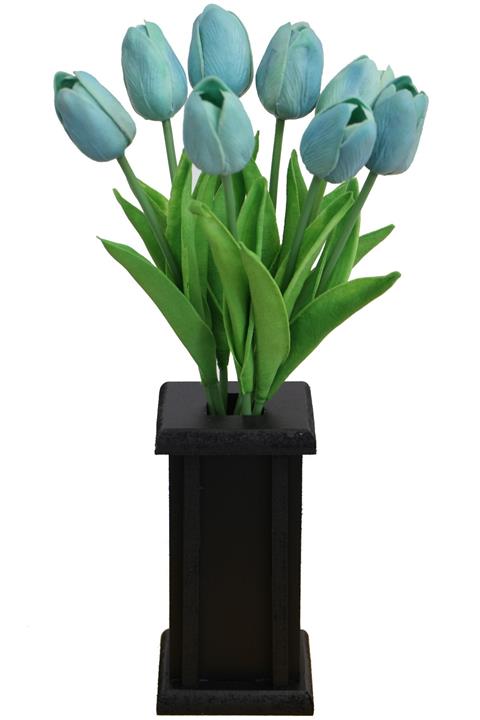 Yapay Çiçek Deposu Ahşap Vazoda 8'li Islak Lale Demeti Turkuaz 32 cm