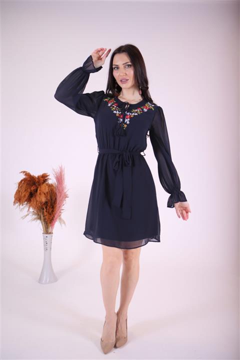 ModaKumsal Nakış Detaylı Şifon Elbise Lacivert