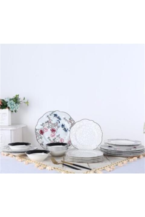 ACAR Yeni Ürün 24 Parça 6 Kişilik Ince Porselen Çiçekli Yemek Takımı