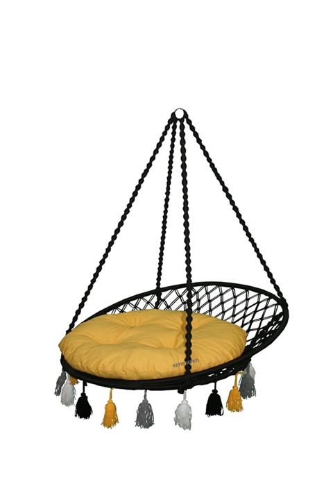 KEYİF SEPETİ Relaks Renkli Püsküllü Salıncak Siyah (Sarı Minderli)