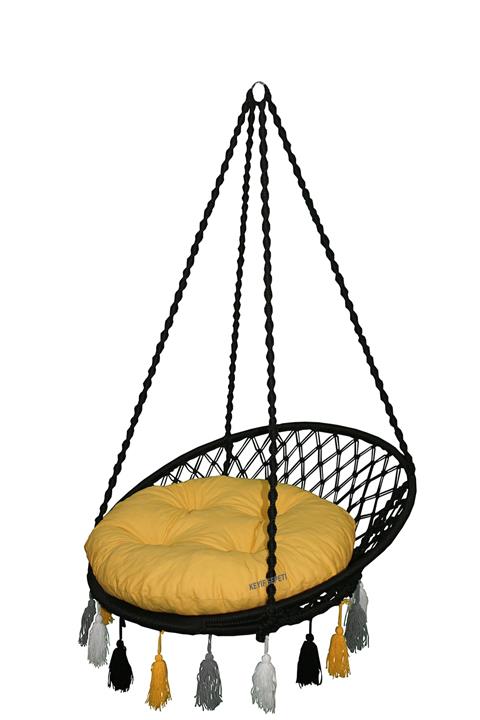KEYİF SEPETİ Renkli Püsküllü Relaks Salıncak Siyah ( Sarı Minderli )