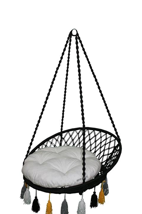 KEYİF SEPETİ Renkli Püsküllü Relaks Salıncak Siyah