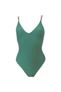 Oshiea Bella Deep V Swimsuit Green And Gold Detail Kadın Yeşil Mayo