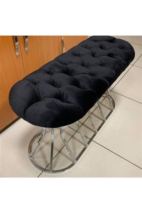 Zultanit Mobilya Siyah Gümüş Metal Ayaklı Kapitoneli Lüks Puf Bench Koltuk 103x45