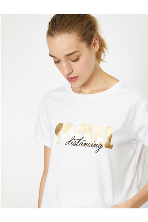 Koton Kadın Ekru Bisiklet Kısa  Kollu Yazılı Baskılı Tisört