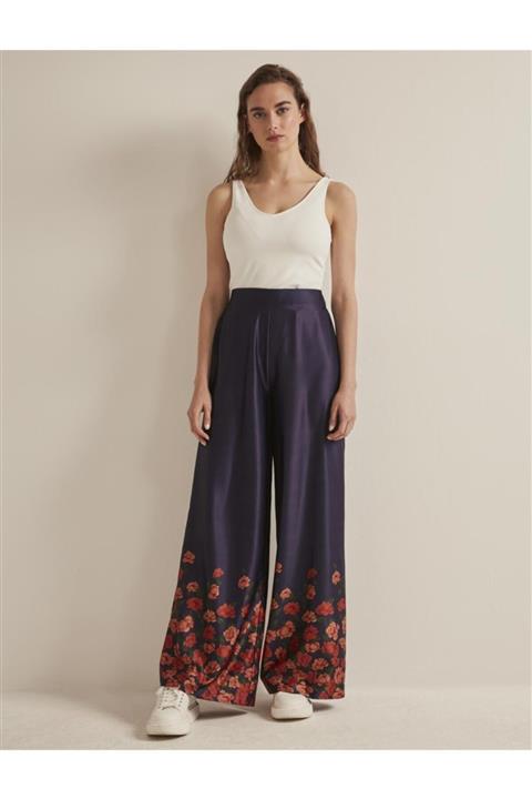Jimmy Key Kadın Denizci Mavisi Floral Desenli Saten Pantolon