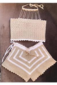 flz örgü evi Kadın Kahverengi Handmade Büstiyer Alt Üst Takım