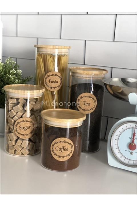 Milena Home Bambu Kapaklı Vakumlu Cam Kavanoz Seti 4lü (mantar Etiketli)