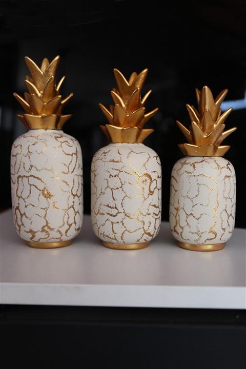 KUMSAR Krem Dekoratif 3 Parça Ananas Biblo Salon Seti